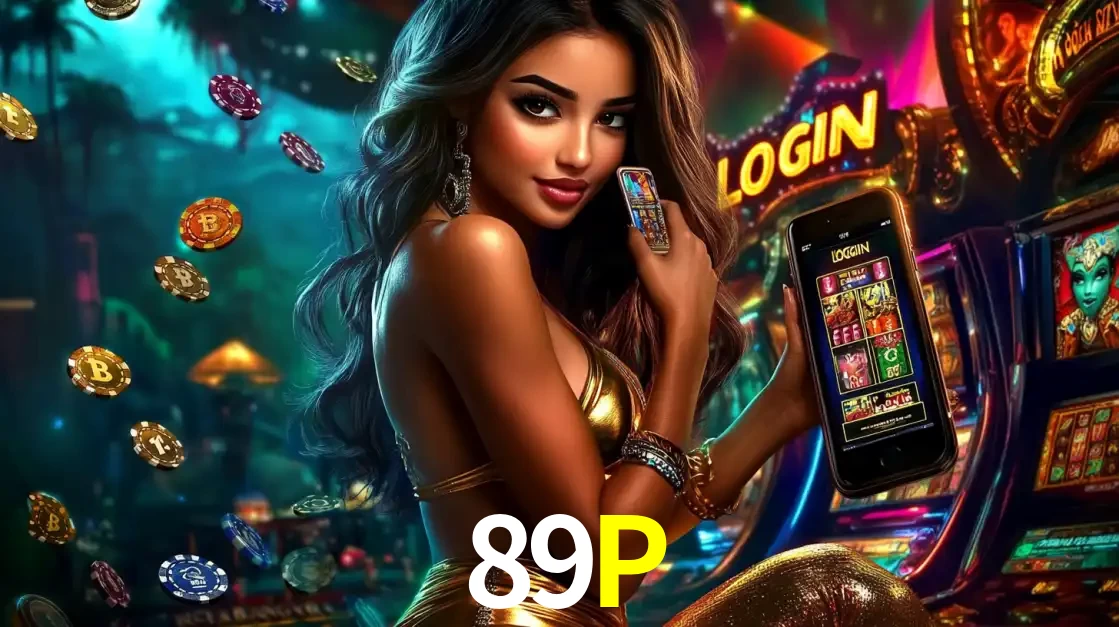 Mulher em um cenário de cassino temático de aventura, mostrando o app de caça-níqueis da 89P no celular. Fichas de apostas flutuam ao redor.