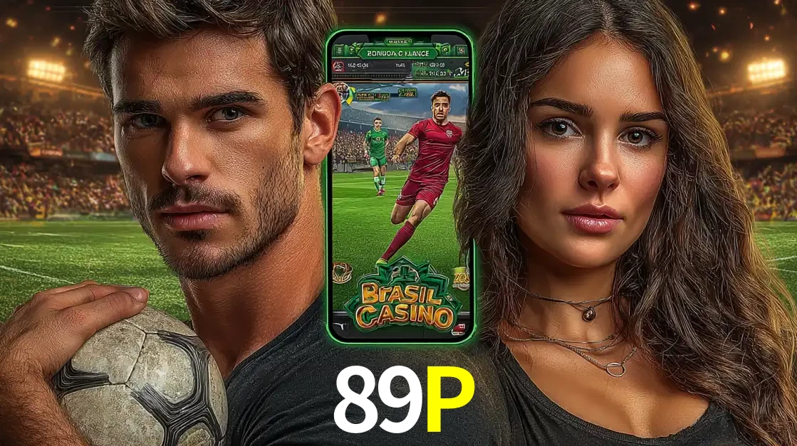 Homem segurando uma bola de futebol e uma mulher ao lado de um smartphone exibindo o jogo de apostas esportivas da 89P. Faça seu palpite no cassino online.