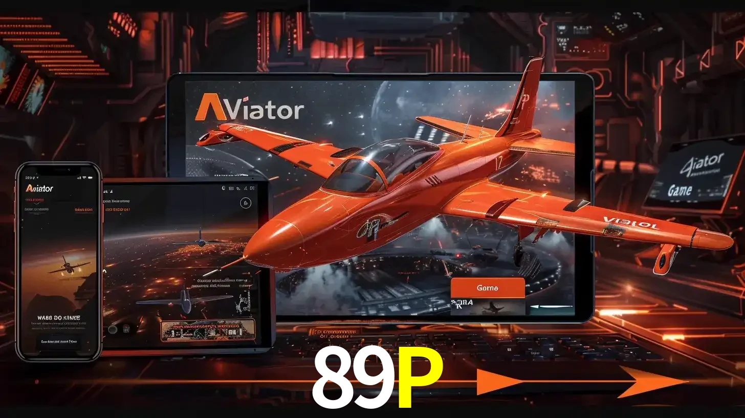 Apresentação tecnológica do jogo Aviator com um avião saindo da tela de um tablet, demonstrando a experiência imersiva em múltiplos dispositivos no 89P.