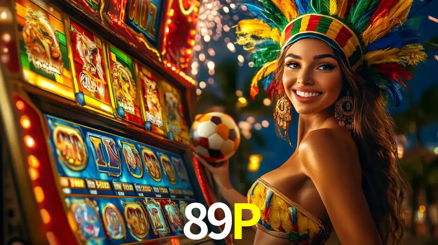 Mulher com um cocar de carnaval ao lado de uma máquina de caça-níqueis enquanto segura uma bola de futebol, mostrando a união da diversão de cassino e esportes no 89P.