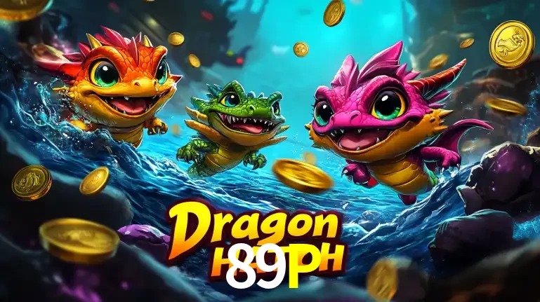 Arte promocional do jogo Dragon Hatch com três adoráveis dragões bebês nadando entre moedas de ouro, um dos slots mais divertidos para jogar no cassino 89P.