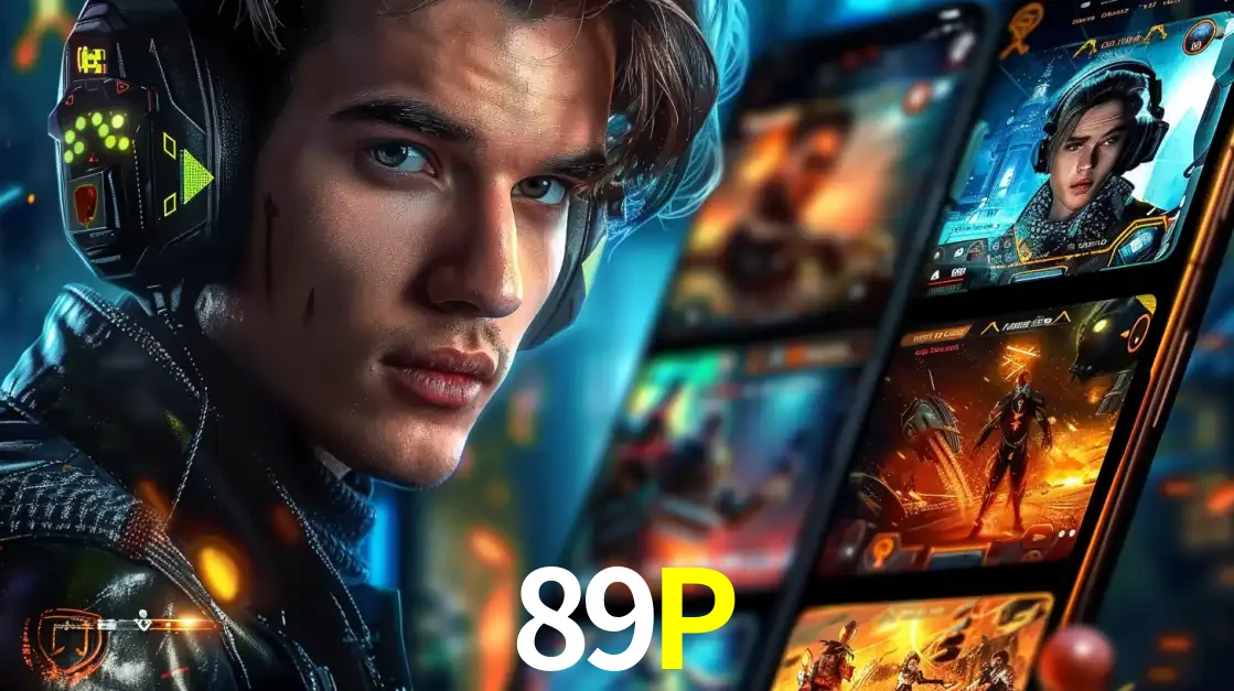 Jovem jogador com fones de ouvido olhando para a câmera, com um aplicativo de jogos e e-sports para celular ao fundo, pronto para a competição e apostas no 89P.