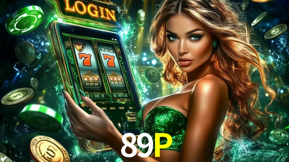 Mulher com tema verde apresentando o aplicativo do cassino 89P com um jogo de slot de 777, cercada por fichas de cassino e uma aura de sorte.