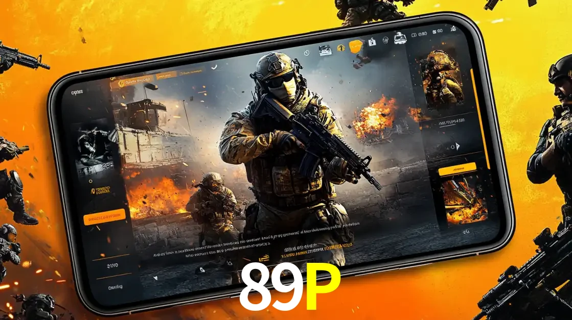 Um smartphone exibindo a interface de um jogo de tiro em primeira pessoa, com um soldado em um cenário de batalha, representando a ação dos e-sports para apostar no 89P.