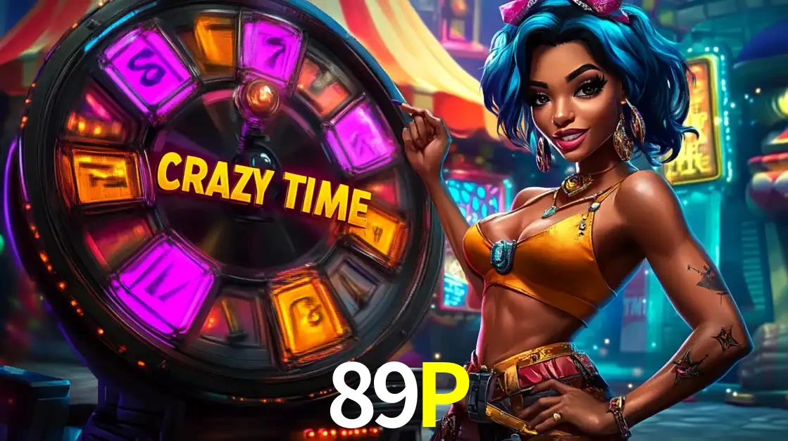 Mulher estilizada com cabelo azul e visual vibrante posando ao lado da roda de prêmios do game show Crazy Time, convidando para a diversão e os bônus do cassino 89P.