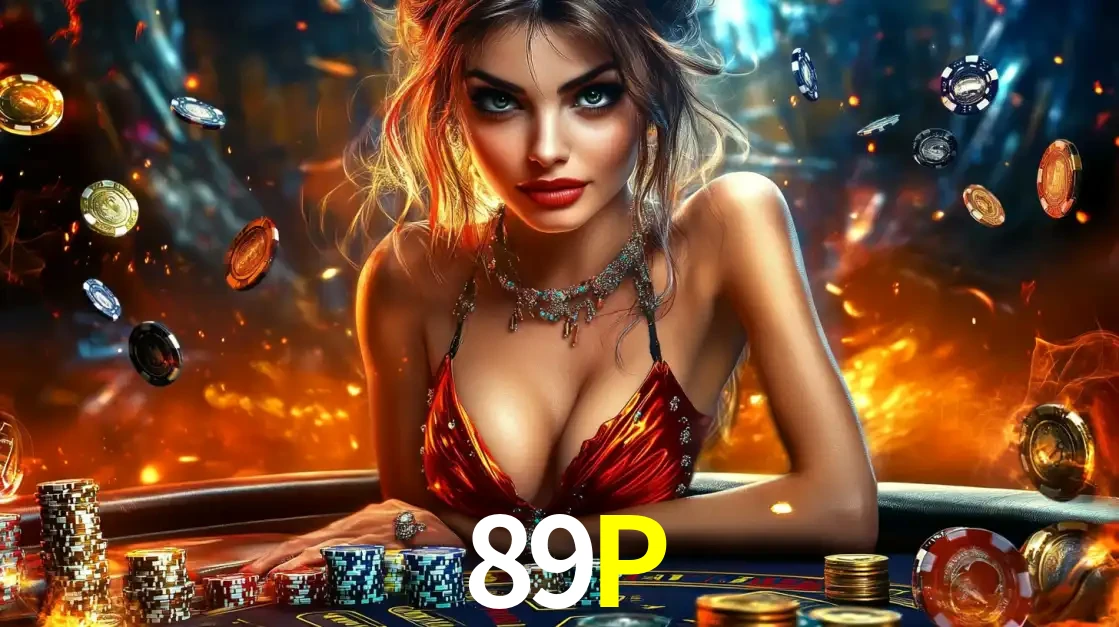 Mulher em uma mesa de cassino com pilhas de fichas e um fundo de fogo, pronta para uma rodada de altas apostas nos jogos de mesa emocionantes do cassino 89P.