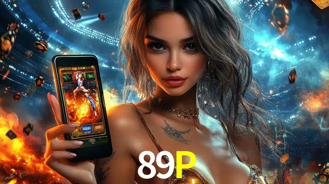 Mulher segurando um celular com um jogo de slot em destaque, tendo como fundo um estádio vibrante, simbolizando a emoção de jogar no cassino móvel 89P.