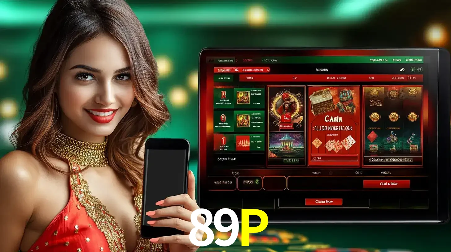 Mulher sorridente segurando um smartphone, ao lado de uma tela exibindo o lobby de jogos do cassino online 89P, com várias opções de jogos de cartas e slots.